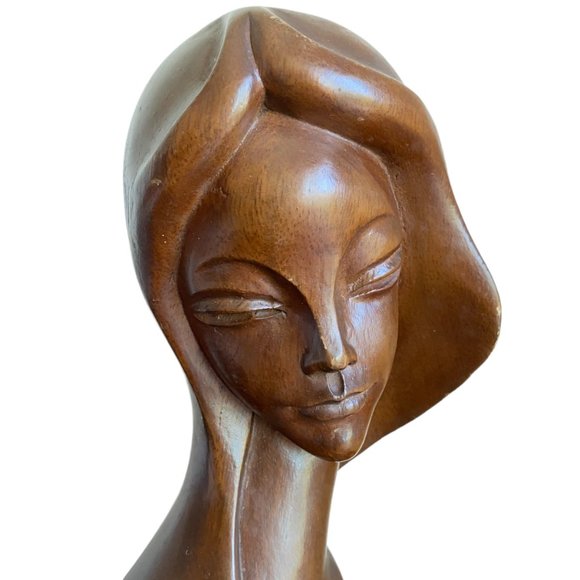 Vintage Mid-Century Art Deco Style Carved Wooden Female Bust Sculpture 11.5" - Picture 4 of 16